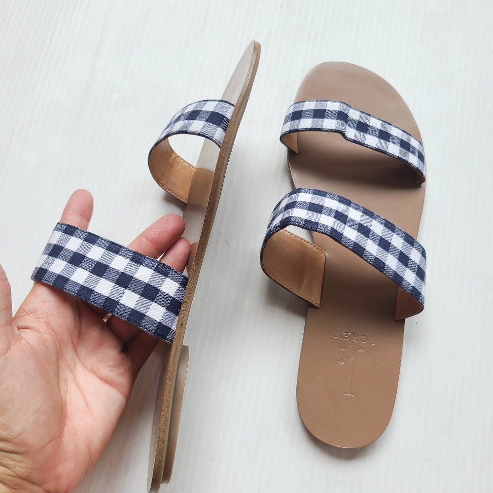 J CREW Boardwalk navy blue gingham plaid slide sandals size 9 - Picture 6 of 9